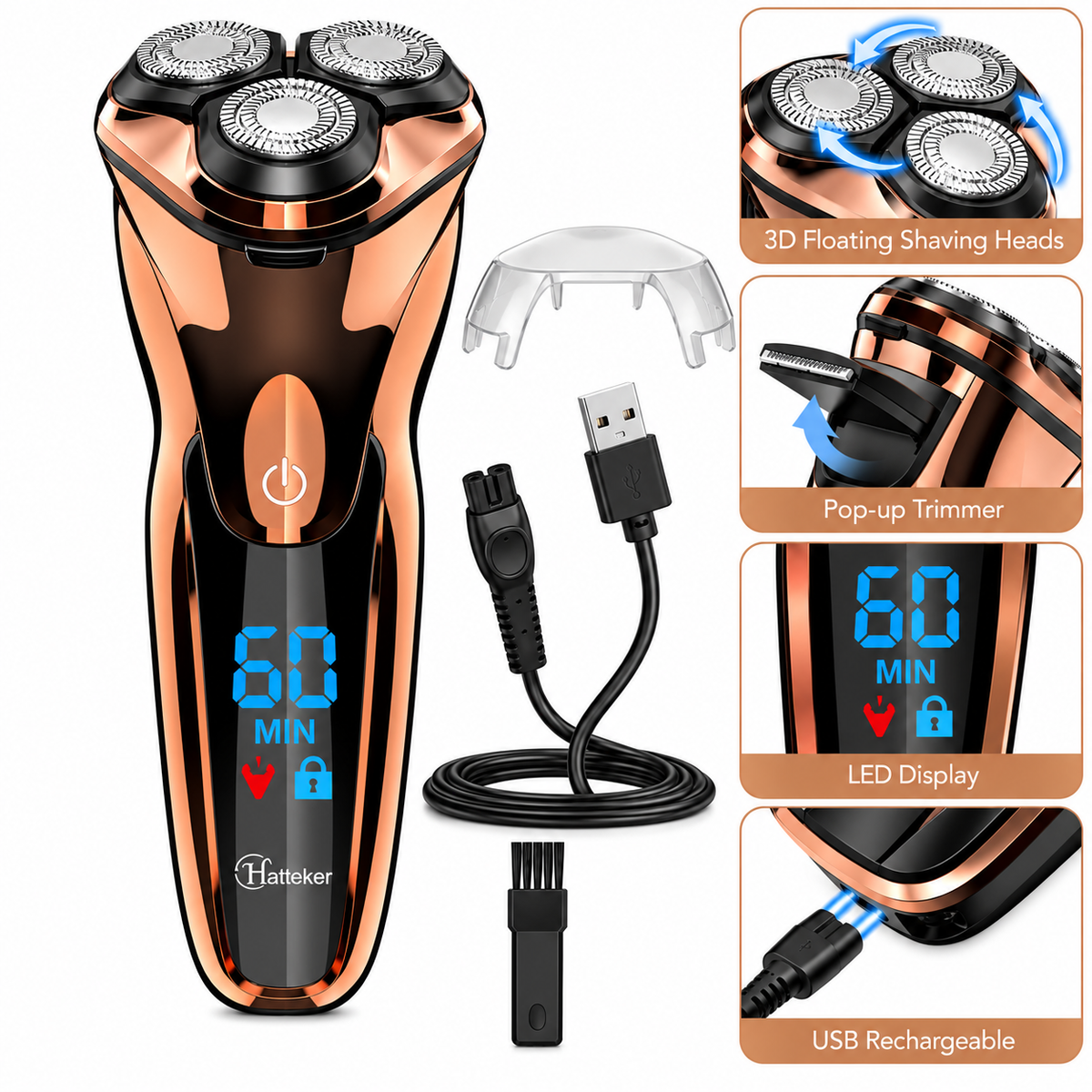 Electric Shaver for Men 3 Head Rotary Razor Cordless Rechargeable LED Display
