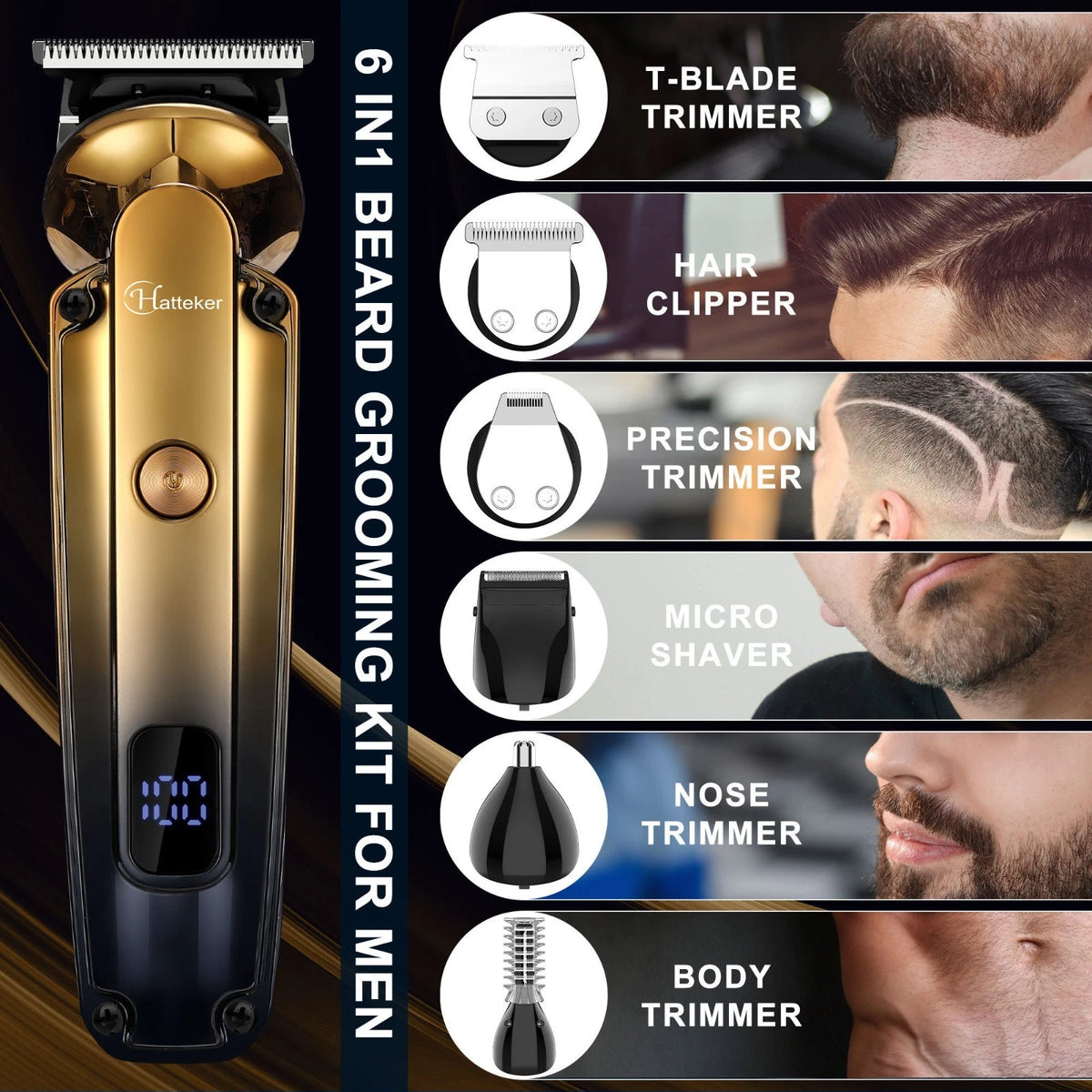 6-in-1 Cordless Hair Clippers for Men Trimmer Kit with Guide Combs & LCD Display