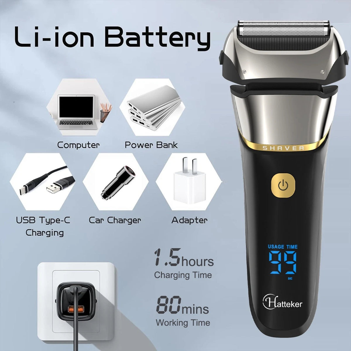 Men's Electric Shaver Cordless USB Rechargeable Razor LED Display