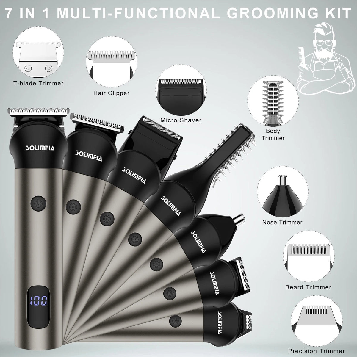 SOLIMPIA 7-in-1 Hair Clippers Men Beard Trimmer Barber Shaver Nose Body Grooming